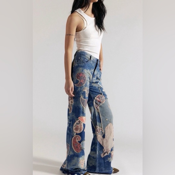 We The Free Denim - Free People Flying High Patched Jeans We The Free Embroidered Birds Print Blue